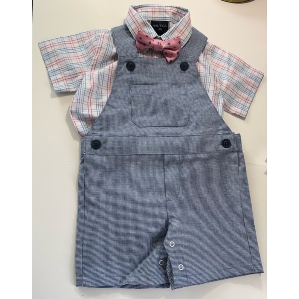 Nautica Boys 3-Piece Set Bow Tie Shirt Overalls 12M NWT Grecian Blue